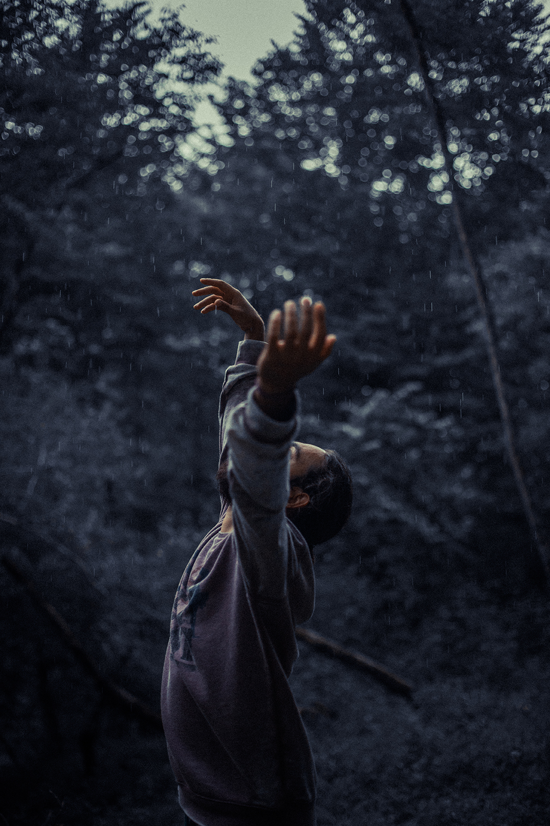 A boy spinning with arms raised in the rain under tall forest trees in mazandarān, Iran, experessing joy and gratitude